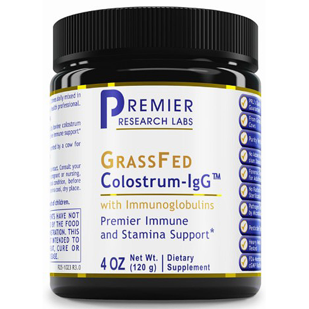 Supplement jar labeled 'GrassFed Colostrum-IgG' by Premier Research Labs on a white background