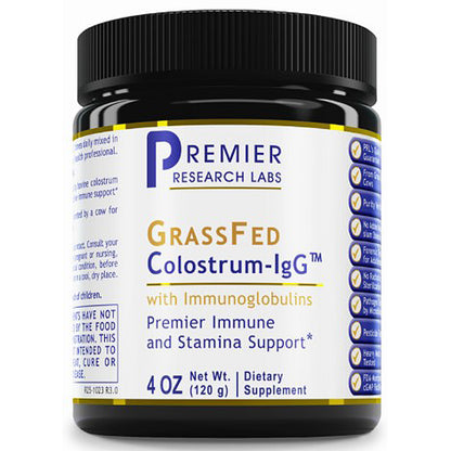 Supplement jar labeled 'GrassFed Colostrum-IgG' by Premier Research Labs on a white background