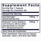 A close-up of a supplement facts label showing serving size 1 capsule, 60 servings per container, with listed ingredients and amounts for GlucoVantage and Reducose.