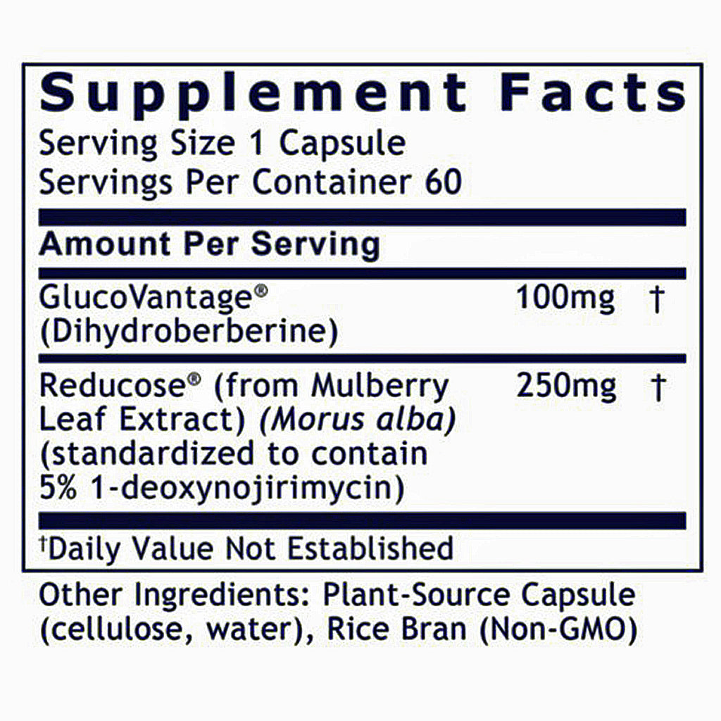 A close-up of a supplement facts label showing serving size 1 capsule, 60 servings per container, with listed ingredients and amounts for GlucoVantage and Reducose.