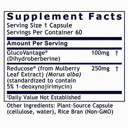 A close-up of a supplement facts label showing serving size 1 capsule, 60 servings per container, with listed ingredients and amounts for GlucoVantage and Reducose.
