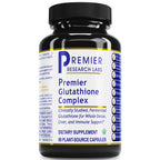 A black plastic bottle of Premier Research Labs Premier Glutathione Complex dietary supplement with a white, blue, and yellow label, shown on a plain white background.