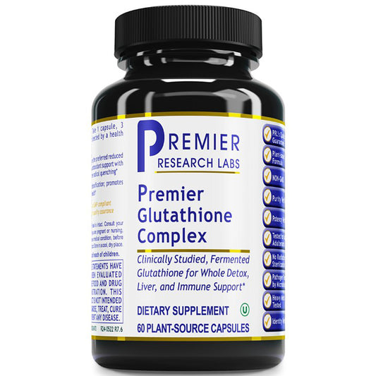 A black plastic bottle of Premier Research Labs Premier Glutathione Complex dietary supplement with a white, blue, and yellow label, shown on a plain white background.