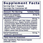 A close-up of a supplement facts label showing serving size 1 capsule, servings per container 60, and listed nutrients including Calcium, PhytoActiv Support, and Setria Glutathione with amounts and daily value percentages.