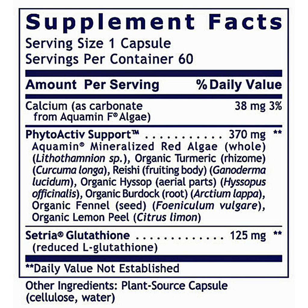 A close-up of a supplement facts label showing serving size 1 capsule, servings per container 60, and listed nutrients including Calcium, PhytoActiv Support, and Setria Glutathione with amounts and daily value percentages.