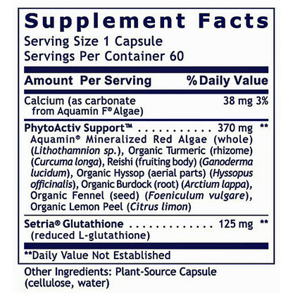 A close-up of a supplement facts label showing serving size 1 capsule, servings per container 60, and listed nutrients including Calcium, PhytoActiv Support, and Setria Glutathione with amounts and daily value percentages.