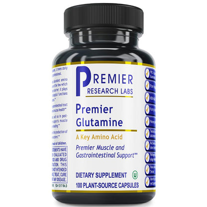 A black plastic bottle of Premier Research Labs Premier Glutamine dietary supplement with a white, blue, and gold label, containing 100 plant-source capsules.