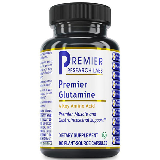 A black plastic bottle of Premier Research Labs Premier Glutamine dietary supplement with a white, blue, and gold label, containing 100 plant-source capsules.