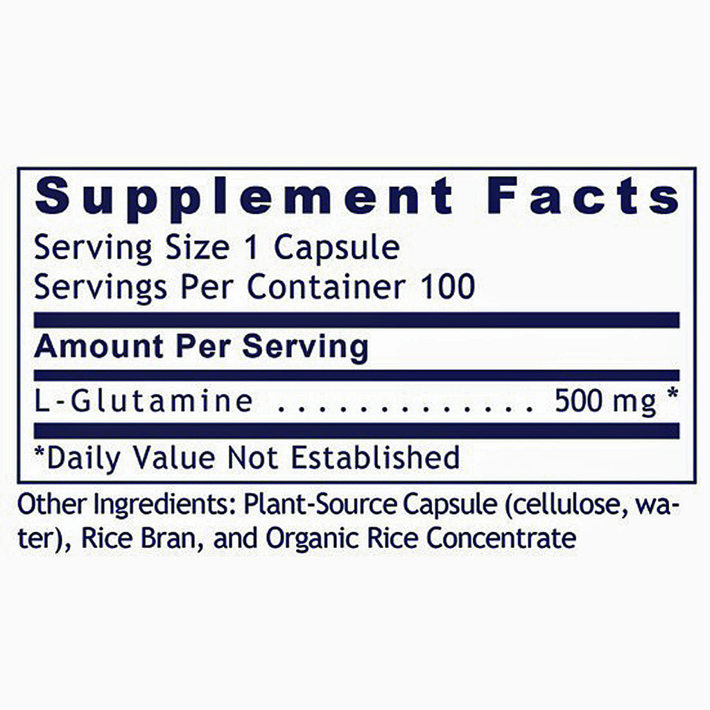 A close-up of a supplement facts label showing serving size 1 capsule, 100 servings per container, L-Glutamine 500 mg, and other ingredients including plant-source capsule, rice bran, and organic rice concentrate.