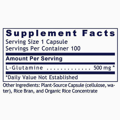 A close-up of a supplement facts label showing serving size 1 capsule, 100 servings per container, L-Glutamine 500 mg, and other ingredients including plant-source capsule, rice bran, and organic rice concentrate.