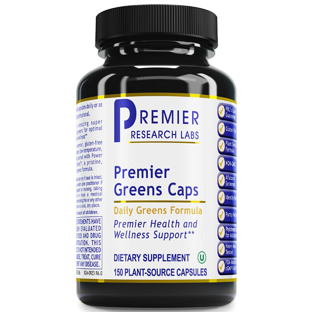 A black plastic bottle of Premier Research Labs Premier Green Tea Extract dietary supplement with a white and blue label, shown on a plain white background.