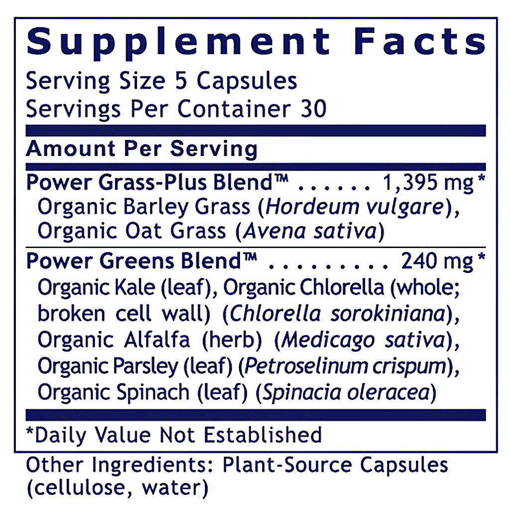 A close-up of a supplement facts label showing the Supplement Facts panel for Power Grass-Plus Blend, with serving size 5 capsules and listed ingredients including organic barley grass, organic oat grass, kale, chlorella, alfalfa, spinach, and parsley.
