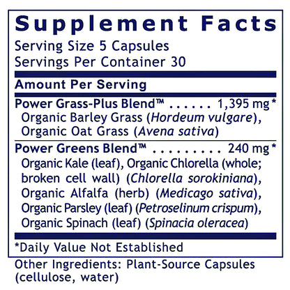 A close-up of a supplement facts label showing the Supplement Facts panel for Power Grass-Plus Blend, with serving size 5 capsules and listed ingredients including organic barley grass, organic oat grass, kale, chlorella, alfalfa, spinach, and parsley.