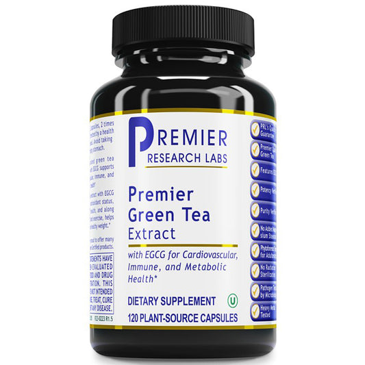 A black plastic bottle of Premier Research Labs Premier Green Tea Extract dietary supplement with a white and blue label, shown on a plain white background.