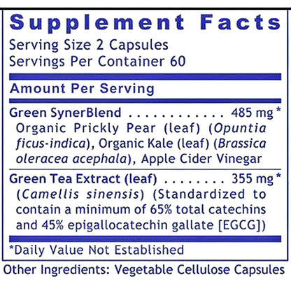 A close-up of a supplement facts label with blue text on a white background. The label reads 'Supplement Facts' and lists serving size 2 capsules, servings per container 60, and ingredients including Green SynerBlend, Green Tea Extract, Organic Prickly Pear, Organic Kale, and Apple Cider Vinegar.