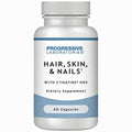 A white plastic bottle of Progressive Laboratories Hair, Skin, & Nails dietary supplement with a ribbed white cap, featuring a white label with blue and black text and a blue patterned band at the bottom.