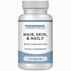 A white plastic bottle of Progressive Laboratories Hair, Skin, & Nails dietary supplement with a ribbed white cap, featuring a white label with blue and black text and a blue patterned band at the bottom.