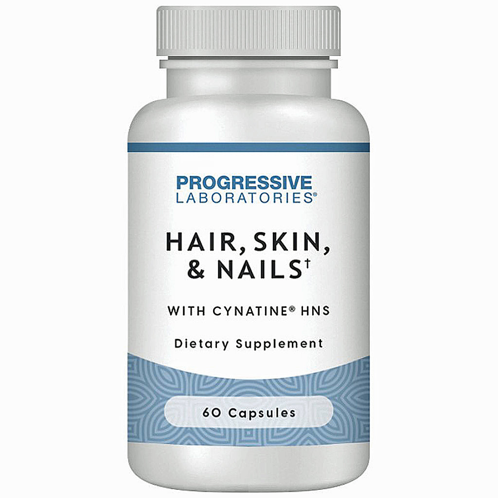 A white plastic bottle of Progressive Laboratories Hair, Skin, & Nails dietary supplement with a ribbed white cap, featuring a white label with blue and black text and a blue patterned band at the bottom.