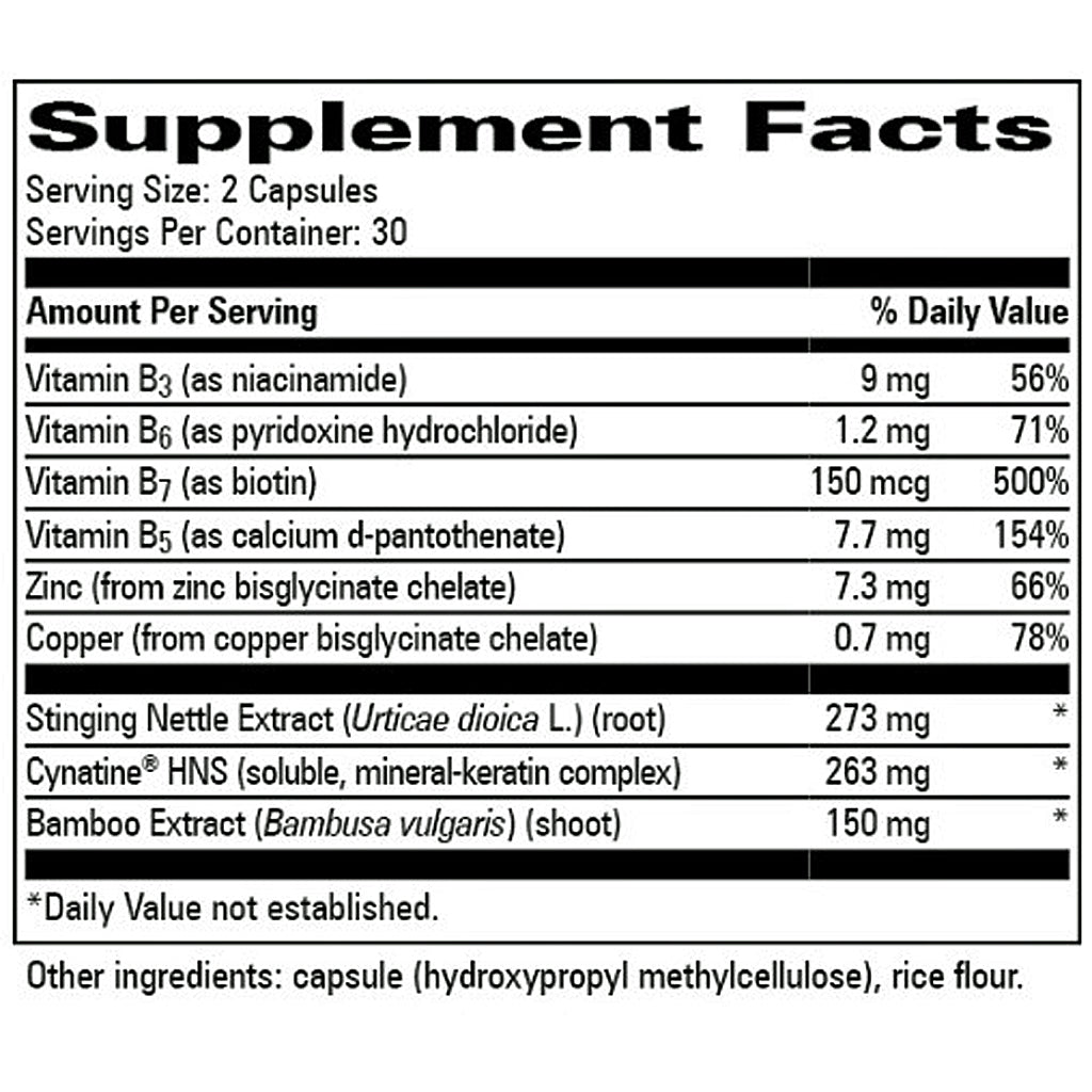 A black-and-white Supplement Facts label showing a supplement's nutrition panel with listed ingredients and daily value percentages.