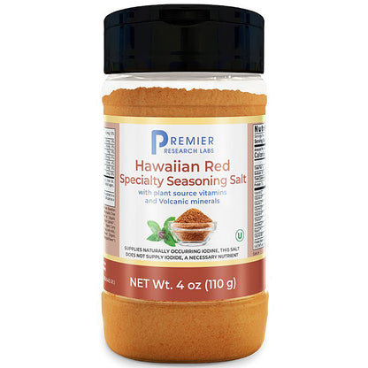 Jar of Hawaiian Red Specialty Seasoning Salt with black lid on a white background