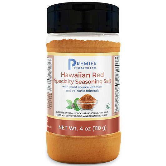 Jar of Hawaiian Red Specialty Seasoning Salt with black lid on a white background