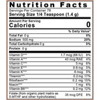 Nutrition facts label for a product with various vitamins listed and their amounts.