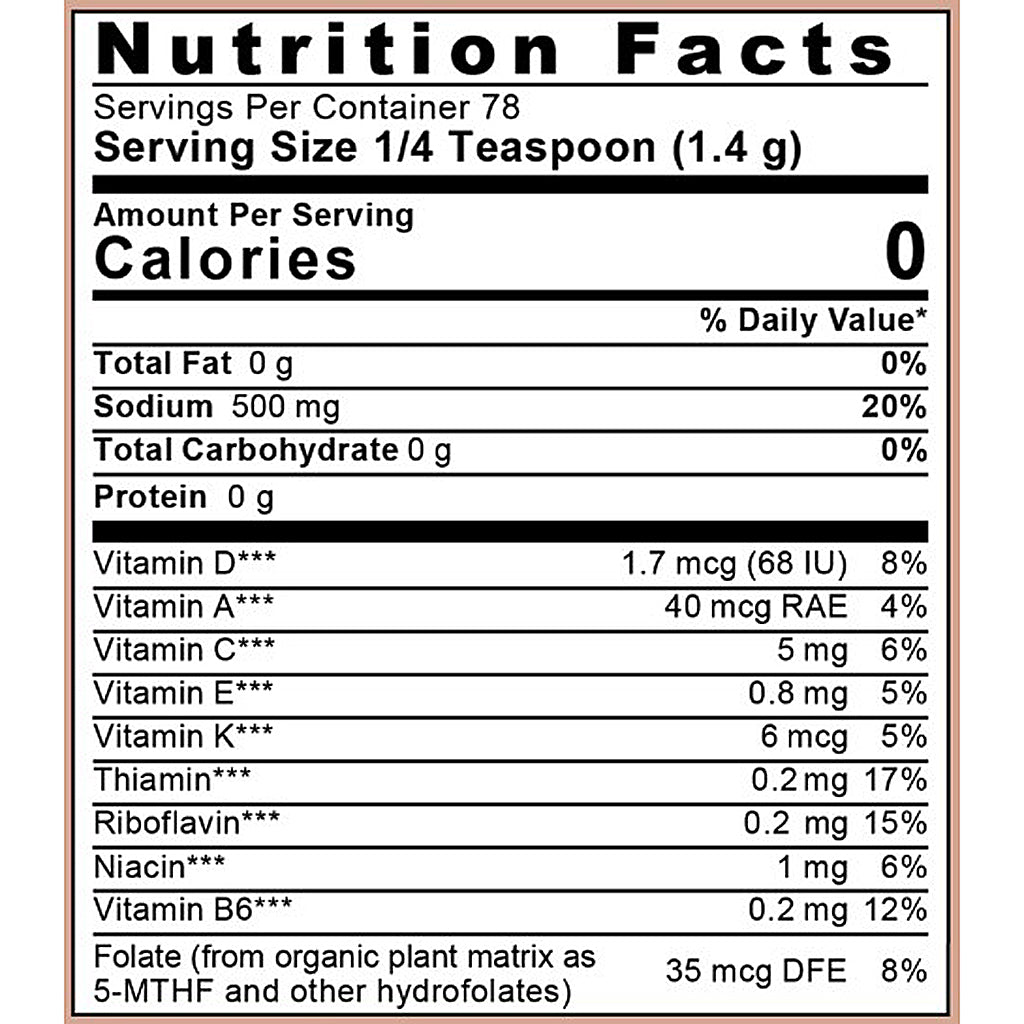 Nutrition facts label for a product with various vitamins listed and their amounts.