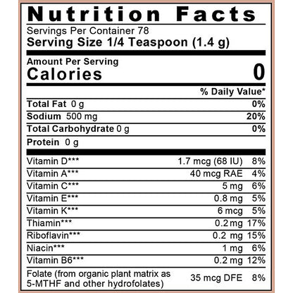 Nutrition facts label for a product with various vitamins listed and their amounts.
