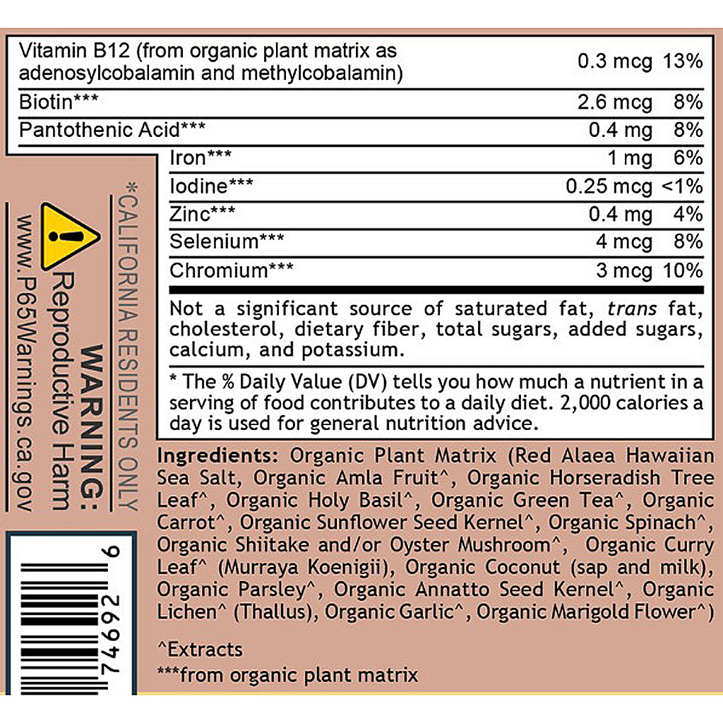 Nutritional label and ingredients list on a brown background