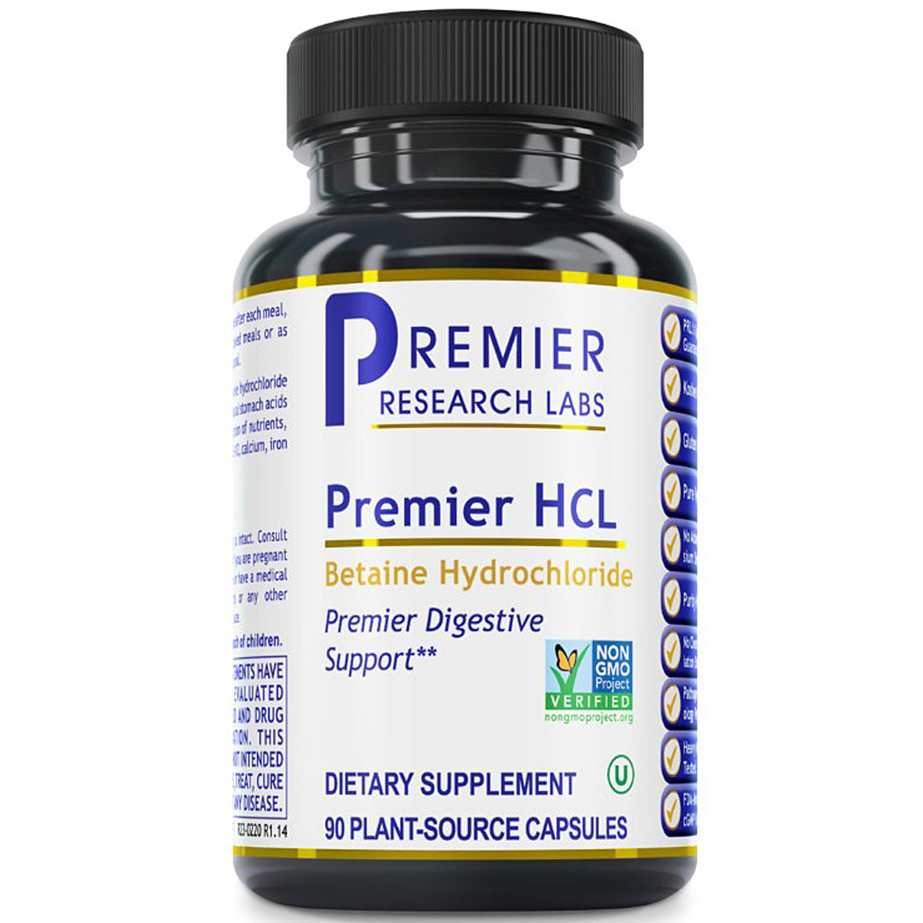 A black plastic bottle of Premier Research Labs Premier HCL dietary supplement with a white, blue, and yellow label, containing 90 plant-source capsules.