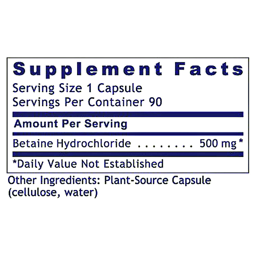 A Supplement Facts label showing betaïne hydrochloride 500 mg, with serving size 1 capsule and 90 servings per container, plus other ingredients listed as plant-source capsule.