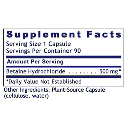 A Supplement Facts label showing betaïne hydrochloride 500 mg, with serving size 1 capsule and 90 servings per container, plus other ingredients listed as plant-source capsule.
