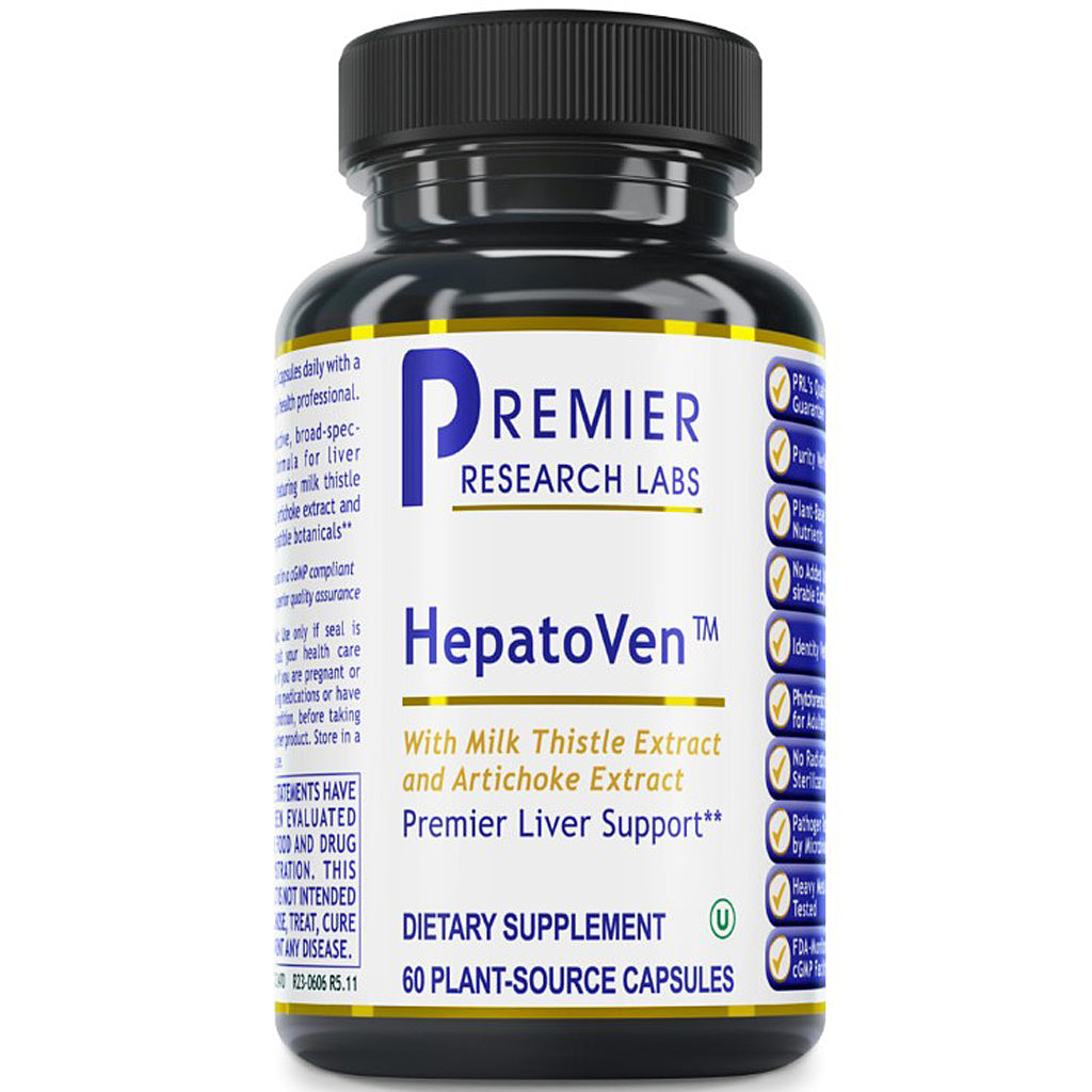 A black plastic bottle of Premier Research Labs HepatoVen dietary supplement with a white label and black cap, shown on a plain white background.