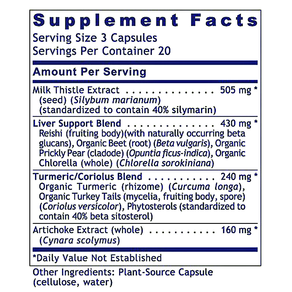A supplement facts label showing a milk thistle extract supplement with listed ingredients including Liver Support Blend, Turmeric/Coriander Blend, and Artichoke Extract, along with serving size of 3 capsules and 20 per container.