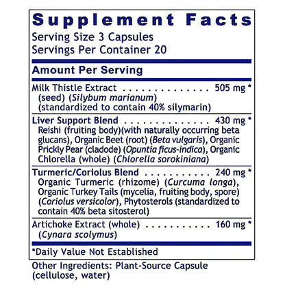 A supplement facts label showing a milk thistle extract supplement with listed ingredients including Liver Support Blend, Turmeric/Coriander Blend, and Artichoke Extract, along with serving size of 3 capsules and 20 per container.