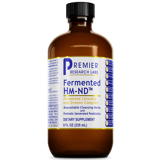 An 8 fl oz amber glass bottle of Premier Research Labs Fermented HM-ND dietary supplement with a black cap and a blue, white, and gold label, shown on a white background.