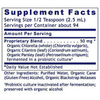 A close-up of a supplement facts label with blue text on a white background, showing serving size, servings per container, and the proprietary blend ingredients.