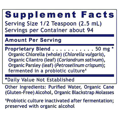 A close-up of a supplement facts label with blue text on a white background, showing serving size, servings per container, and the proprietary blend ingredients.