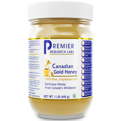 Jar of Premier Research Labs Canadian Gold Honey on a white background
