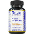 A black plastic bottle of Premier Research Labs Premier Hair/Skin/Nails dietary supplement with a white label, blue and yellow text, and a black ribbed cap, shown on a white background.