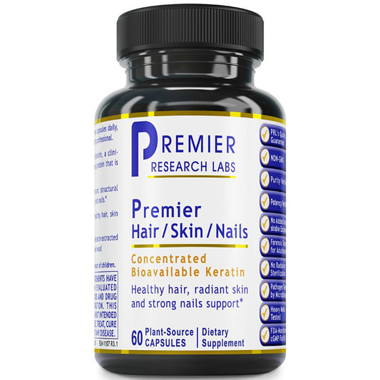 A black plastic bottle of Premier Research Labs Premier Hair/Skin/Nails dietary supplement with a white label, blue and yellow text, and a black ribbed cap, shown on a white background.