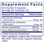 A close-up of a supplement facts label showing ingredients and daily value information for coral-derived supplements, including calcium, magnesium, keratin, and coral.