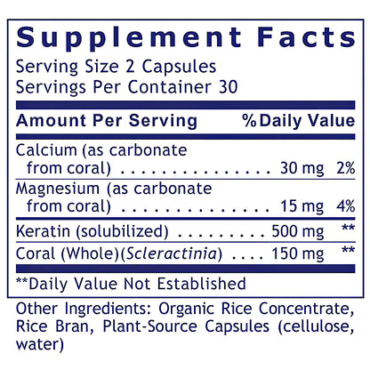 A close-up of a supplement facts label showing ingredients and daily value information for coral-derived supplements, including calcium, magnesium, keratin, and coral.