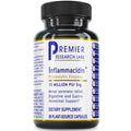 A black plastic bottle of Premier Research Labs Inflammacinid in Proteolytic Enzymes dietary supplement, featuring a white label with blue and yellow text and a black ribbed cap, set against a plain white background.