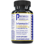 A black plastic bottle of Premier Research Labs Inflammacinid in Proteolytic Enzymes dietary supplement, featuring a white label with blue and yellow text and a black ribbed cap, set against a plain white background.