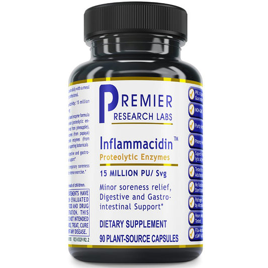 A black plastic bottle of Premier Research Labs Inflammacinid in Proteolytic Enzymes dietary supplement, featuring a white label with blue and yellow text and a black ribbed cap, set against a plain white background.