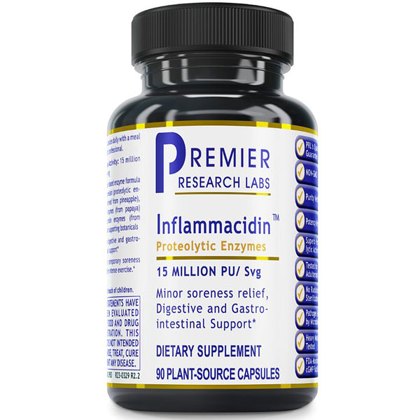 A black plastic bottle of Premier Research Labs Inflammacinid in Proteolytic Enzymes dietary supplement, featuring a white label with blue and yellow text and a black ribbed cap, set against a plain white background.