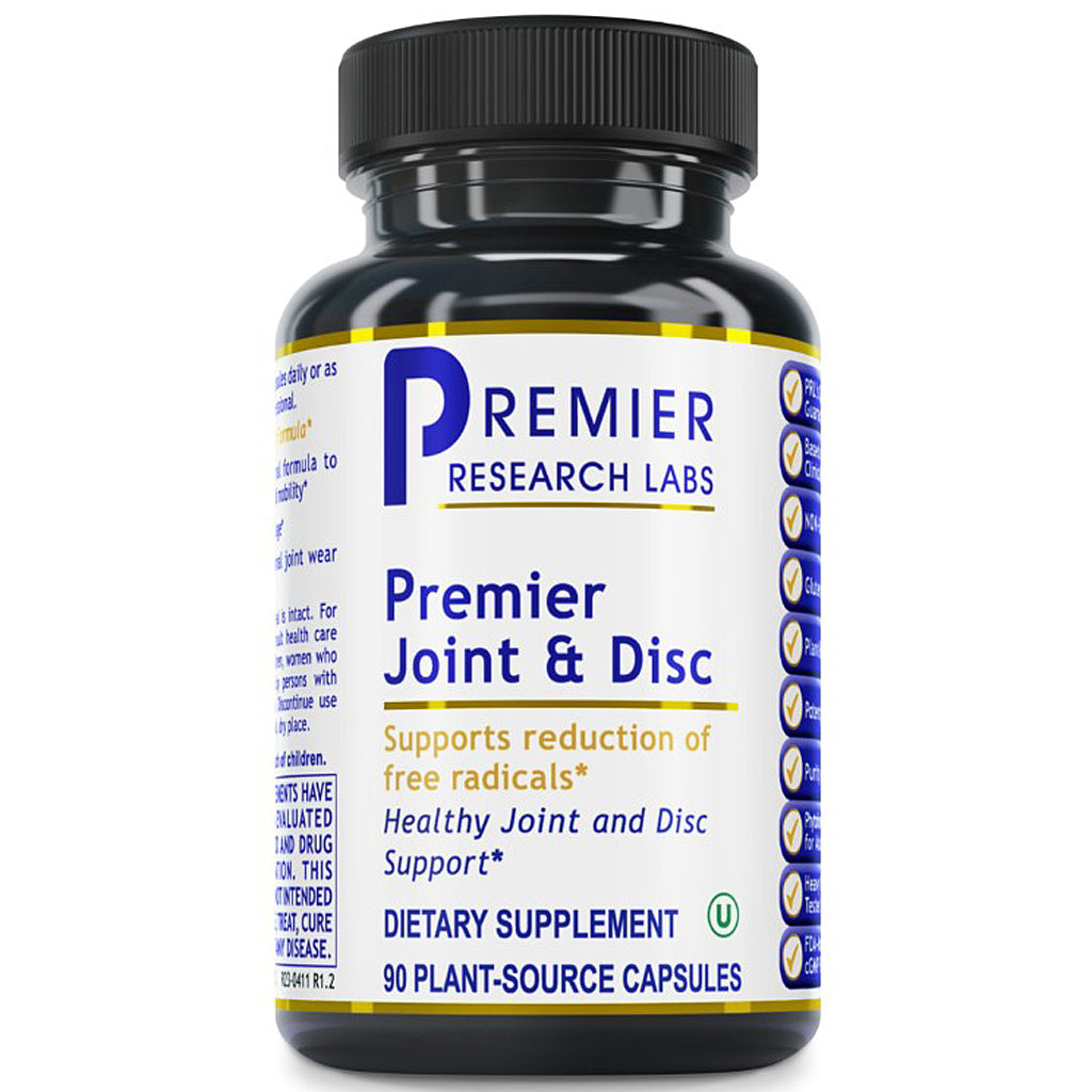 A bottle of Premier Research Labs Premier Joint & Disc dietary supplement, containing 90 plant-source capsules, on a plain white background.