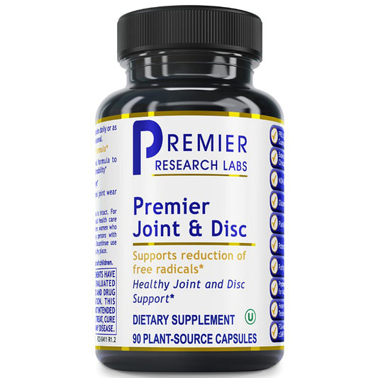 A bottle of Premier Research Labs Premier Joint & Disc dietary supplement, containing 90 plant-source capsules, on a plain white background.