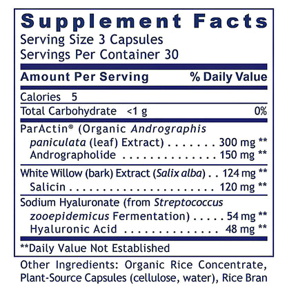 A close-up of a supplement facts label showing the supplement name ParActin, with ingredients listed including Andrographis paniculata leaf extract, Salicin, Salix alba bark extract, Sodium Hyaluronate, and Hyaluronic Acid.